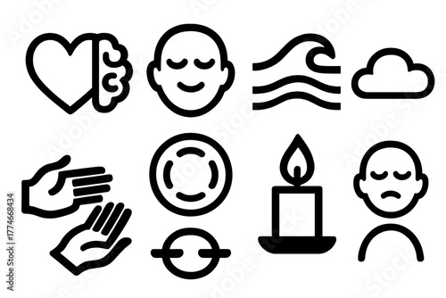Emotional Icon Set. Emotional Balance silhouette set: heart and brain, peaceful face, calm wave, breathing circle, open hands, candle flame, balanced moods, mindful cloud