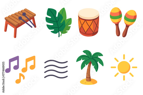 Tropical Music Icons. Latin Marimba flat icons: colorful marimba, tropical leaves, drum, maracas, music notes, rhythm lines, palm tree, sunlight
