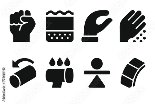 Grip Icons Collection. Grip performance icons silhouette set: firm hold, non-slip surface, ergonomic design, comfort texture, sweat control, stability, durability, flexibility.
