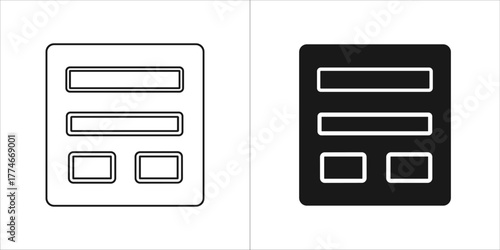 Outline and silhouette icons representing a form or document with text fields and buttons