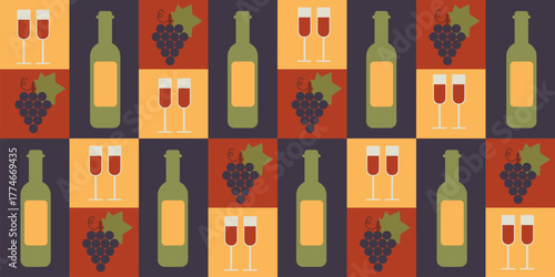 Abstract geometric pattern with blue, yellow, and red squares featuring wine bottles, glasses, and grape bunches. Perfect for modern wine-themed designs and backgrounds.