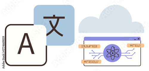 Letter icons, atom graphic on coding screen, and cloud, representing AI, translation, programming, cloud storage. Ideal for technology innovation, AI research translation systems programming data