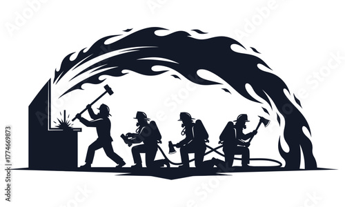 A dynamic monochrome silhouette of a firefighter brigade in action, an emblem of heroism and teamwork against a stylized blaze