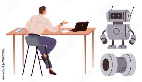 Man sitting at desk interacting with robot assistant while using a laptop and notebook. Ideal for technology, AI, innovation, robotics, collaboration, education, digital future. Simple flat metaphor