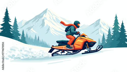 Snowbiker in green outfit riding orange snowbike on trail near snowy pine forest with mountains in background. Concept of extreme winter recreation