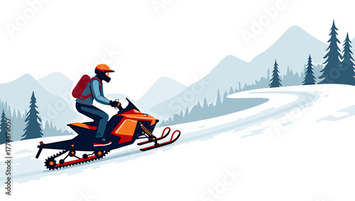 Man riding orange snowbike on trail through snowy mountain slope with pine trees. Concept of winter adventure sport