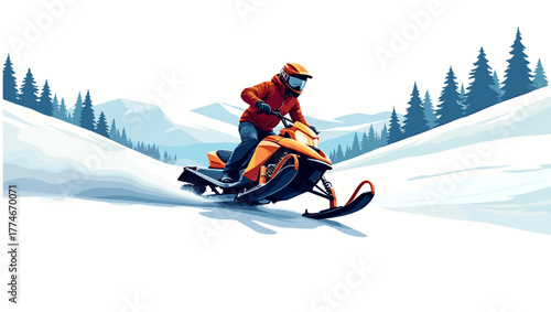 Red jacketed man turning orange snowbike on trail in snowy landscape surrounded by pine trees. Concept of active winter sports