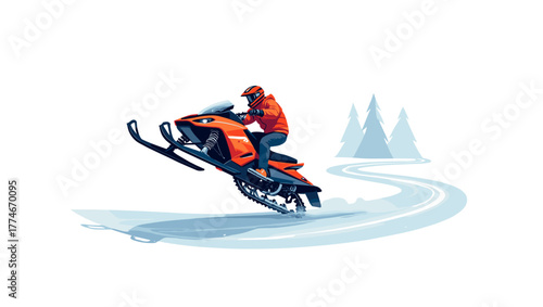 Man jumping on red snowbike on trail making stunt above snow with pine trees in background. Concept of extreme winter sport and adrenaline