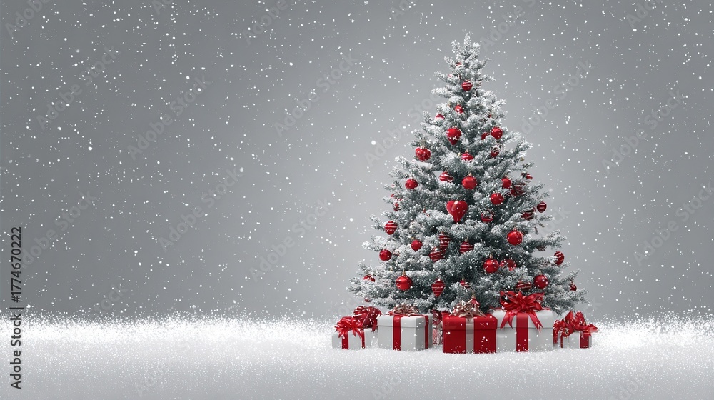 Obraz premium Snow-covered Christmas tree with red ornaments and red-white gift boxes under gray snowy sky.