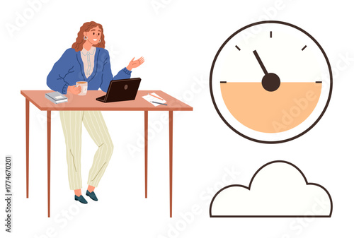 Woman working on laptop, talking with coffee, notebook, papers on desk beside productivity meter and cloud. Ideal for time management, remote work, analytics, multitasking, efficiency focus