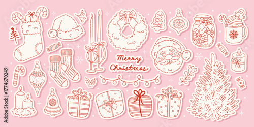 Christmas Vintage hand drawn doodle sticker set. Whimsical Christmas tree, Santa Claus, cocoa, gift, tree toys, socks. Vector sketch line art