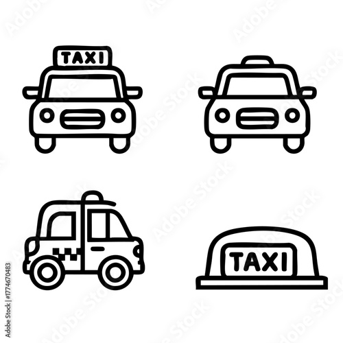 Four different types of vehicles are shown, including a taxi. The vehicles are all drawn in a simple, stylized way, with the taxi being the most prominent. Scene is one of simplicity and minimalism