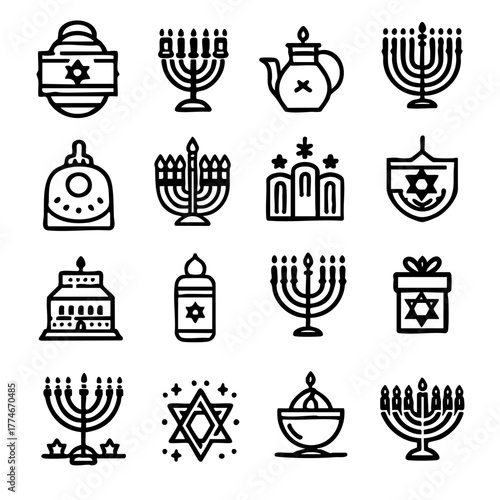 Set of black and white icons of Jewish symbols and objects. The icons include a menorah, a cake, a cup, a bowl, a candle, a star of David, and a cupcake