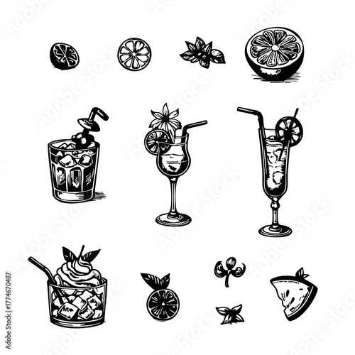 Set of black and white drawings of various drinks and food items. The drinks include a glass of lemonade, a glass of iced tea, and a glass of orange juice