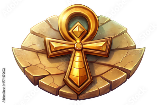 Ancient Egyptian ankh symbol in polished gold placed over cracked sandstone surface