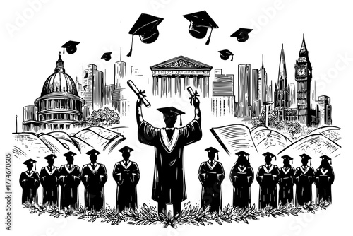 Group of graduates are standing in a circle with a professor in the middle. The professor is holding a cap and gown