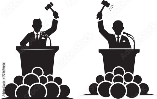 Two auctioneers silhouettes leading a crowd