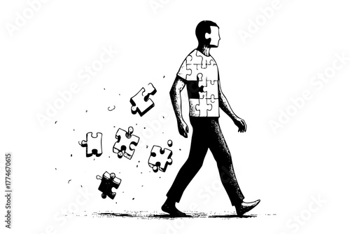 Man is walking away from a pile of puzzle pieces in his hand. The puzzle pieces are scattered all around him, and he seems to be in the process of putting them back together