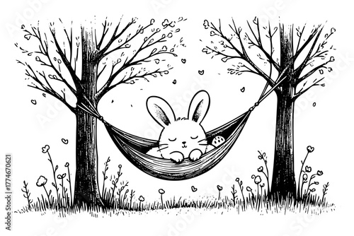 Cute rabbit is peacefully sleeping in a hammock that is suspended between two trees. The hammock is made of a soft material and is hanging from the branches of the trees