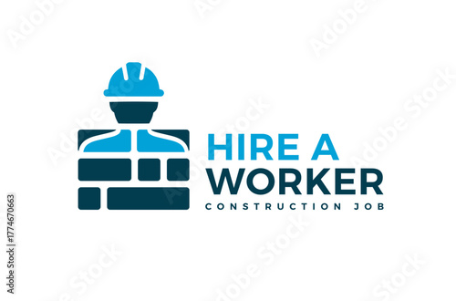 Construction Job Logo, HR Recruitment Logo Design, recruiting agency logo, hire a worker logo construction worker helmet and brick icon civil industry employee, civil engineer Vector Icon illustration