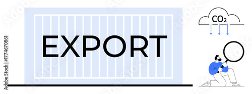 Large shipping container labeled Export, researcher inspecting carbon emissions labeled CO with a magnifying glass. Ideal for trade, sustainability, shipping, climate change, carbon footprint