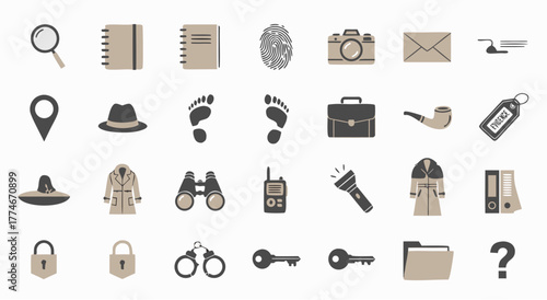 Detective tools icons for investigation, mystery solving and crime scene analysis