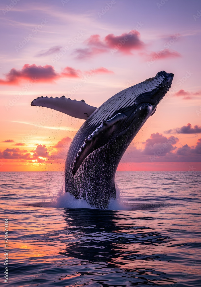 Obraz premium Majestic Breach: A humpback whale erupts from the ocean's surface in a breathtaking display of power and grace, silhouetted against a vibrant sunset sky.