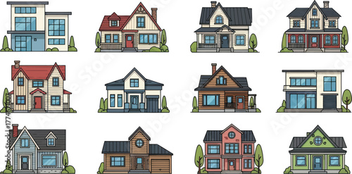 Explore a vibrant collection of charming house designs perfect for real estate marketing, architectural concepts, and creating a welcoming neighborhood feel