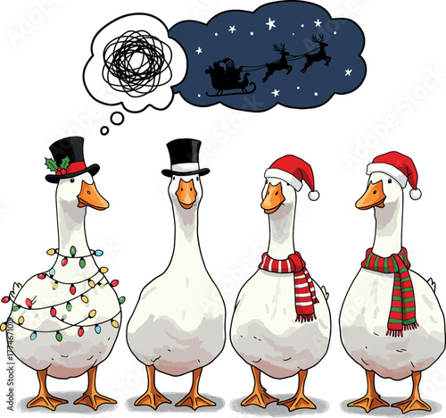Four whimsical geese dressed for christmas with a thought bubble showing santa claus flying in the night sky