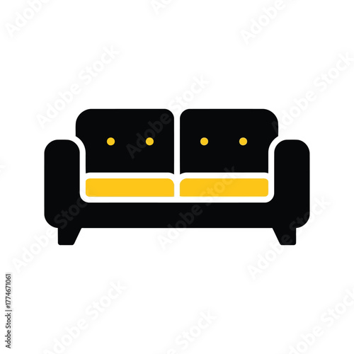 A black sofa with yellow cushions isolated on transparent background, a comfortable seat