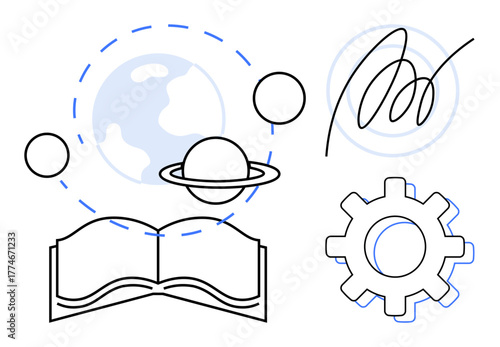 Open book with Earth, planets, signature, and gear symbolizing education, exploration, creativity, and innovation. Ideal for science, learning discovery technology global knowledge research