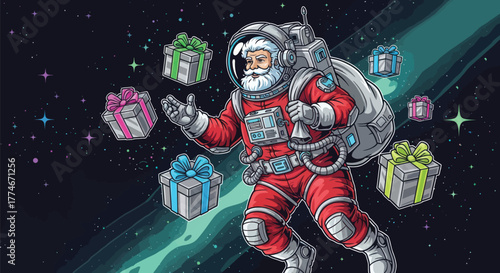 Holiday cheer reaches new heights with Santa Claus cosmonaut delivering Christmas gifts in space, a fun and festive futuristic holiday celebration