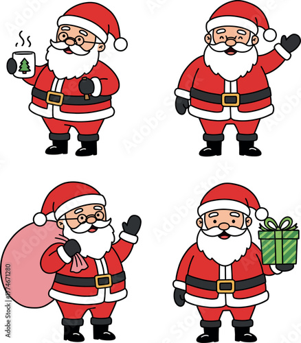 Four festive cartoon santas claus characters in different poses holding gifts and drinks