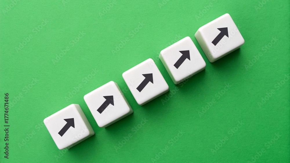 Obraz premium Upward Path – Front View Conceptual Symbolism, Diagonal Tiles with Black Arrows on Green Background, Progress and Growth Metaphor