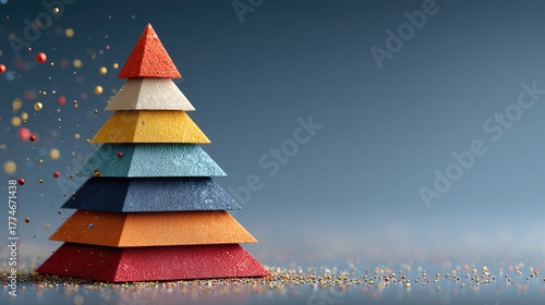 Christmas Colorful Layered Pyramid Christmas Tree With Glitter Decorations On Blue Background, Ideal For Wallpaper, Poster, Celebrating Holiday Season With Modern Artistic Design