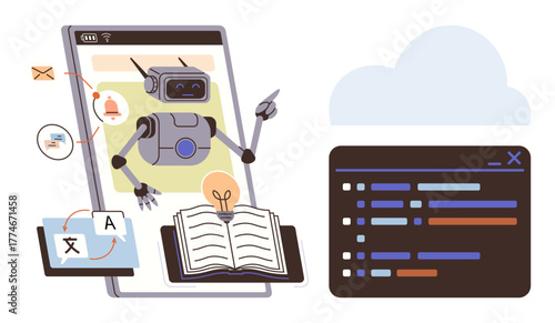 Robot interacts via a mobile screen with open book, cloud, and code. Ideal for education, AI, automation, tech support, coding language learning technology. Simple flat metaphor