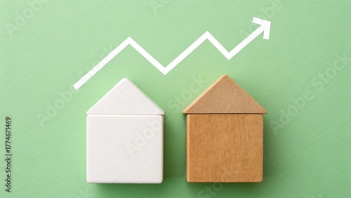 Property Rise – Front View Conceptual Symbolism, White and Brown House Blocks with Upward Arrow, Housing Market Growth Metaphor, Green Background