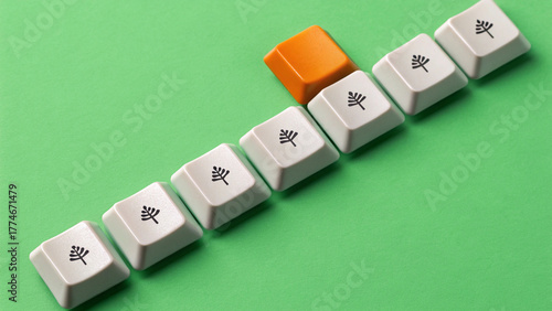 Standout Signal – Front View Conceptual Symbolism, Orange Key Among White Tree Keys on Green Background, Individuality and Contrast Metaphor