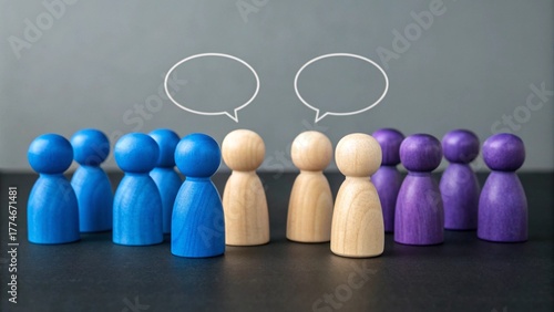 Neutral Ground – Front View Conceptual Symbolism, Two Natural Figurines in Dialogue Between Blue and Purple Groups, Mediation and Communication Metaphor, Gray Background