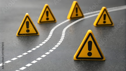 Curve Ahead – Front View Conceptual Symbolism, Road with Warning Signs and Lane Markings, Safety and Alertness Metaphor, Dark Surface