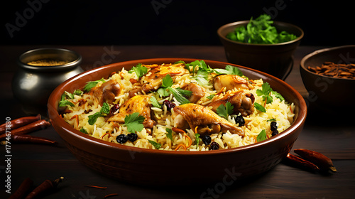 Gourmet chicken biryani with steamed basmati rice