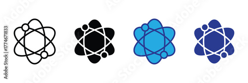 Set of atom icons in different styles, including outline, solid black, light blue, and dark blue, isolated on white background