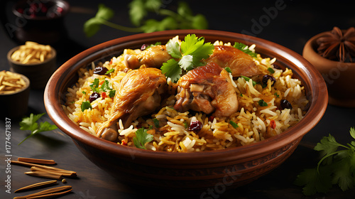 Gourmet chicken biryani with steamed basmati rice