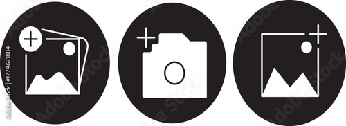 Add picture icon, Gallery icon vector icon set, Add photos icon in flat black solid vector set,

