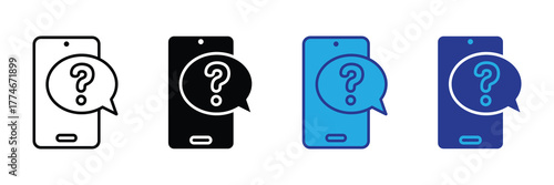 Set of four smartphone icons with question marks in speech bubbles, isolated on white background