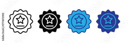 Set of four badge icons with a star and line, in outline, black, light blue, and dark blue