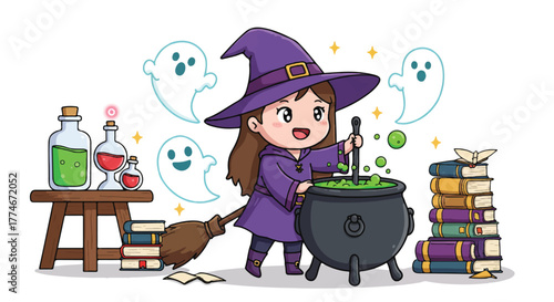 A cartoon witch stirring green potion in a cauldron with books and bottles on a table in a whimsical scene.