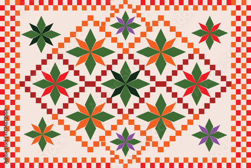 A charming floral-inspired geometric pattern featuring star-shaped motifs in green, red, orange, and purple tones. The symmetrical layout and checkered border add a touch of balance and vibrancy.