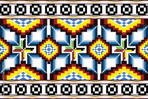 A striking geometric pattern featuring bold shapes in vibrant blue, yellow, red, and green tones. The repeating symmetrical design radiates energy and precision, creating a visually captivating .