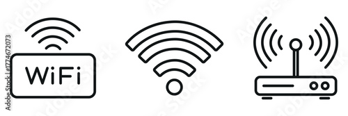 WiFi and Router Icon Set – Wireless Internet Connection, Network Signal, and Communication Symbols in Outline Style